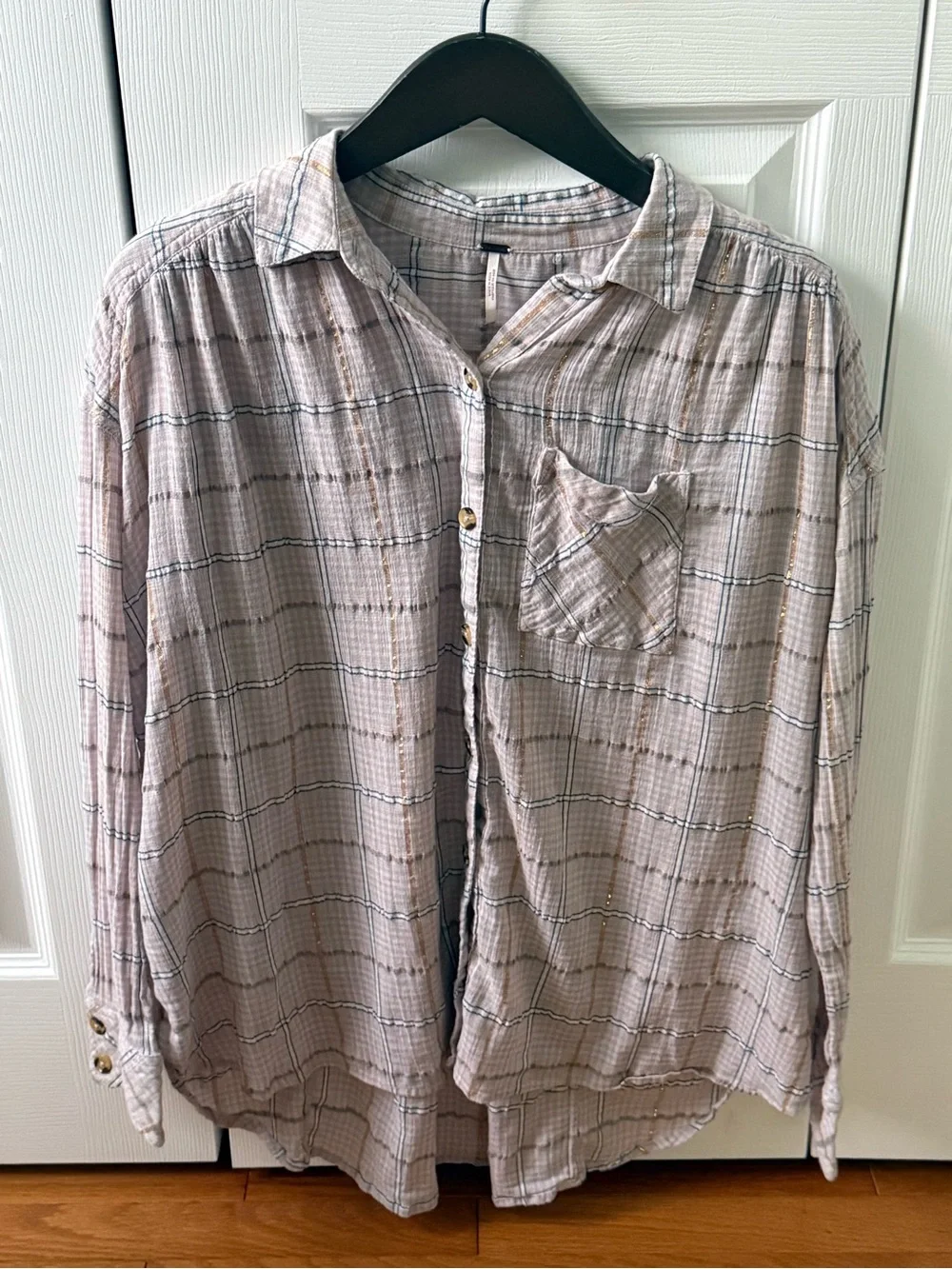 Free People Break My Stride Button Up in Pink Plaid